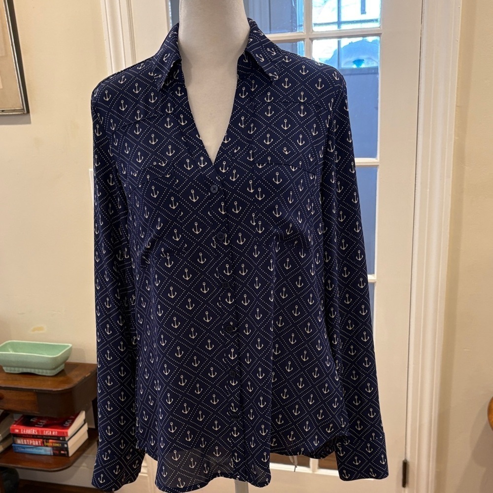 Express Navy Anchor Pattern V-neck Button Down Shirt. Size SP.